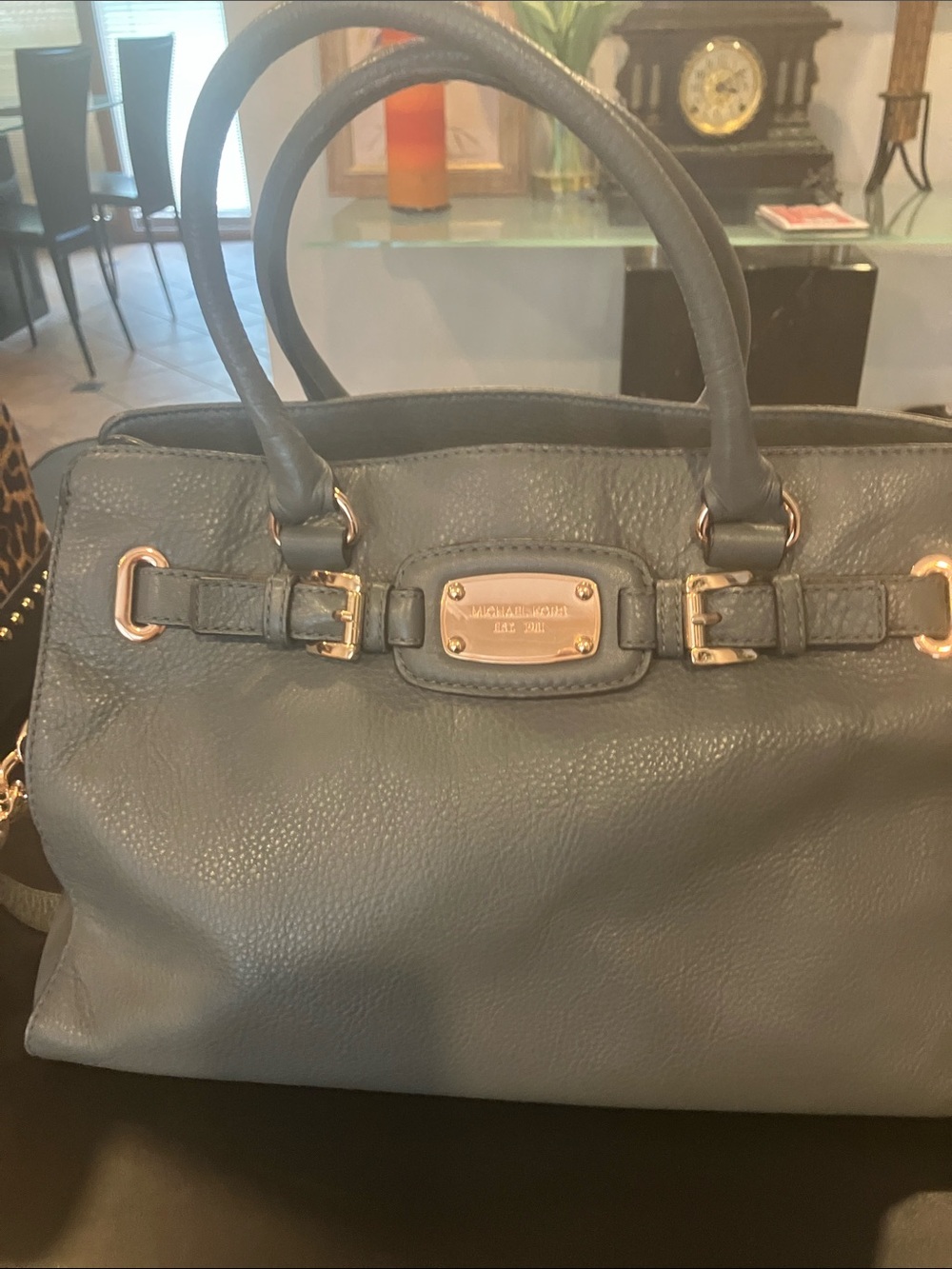 Michael Kors Slate Blue Pebbled Leather Satchel with Gold Hardware